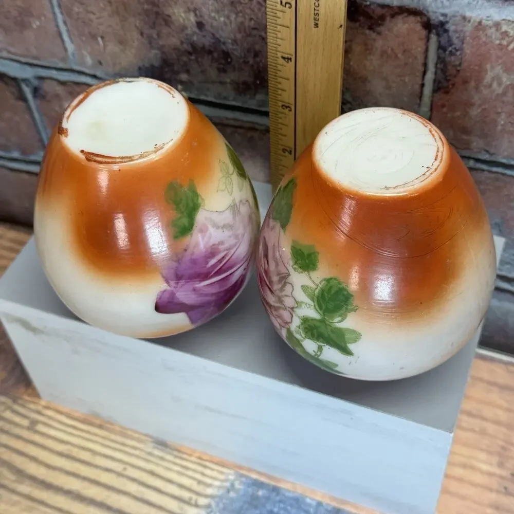 Set of 2 Antique 1900-1920's Fostoria Milk Glass Bulbous Vases Hand-Painted Rose